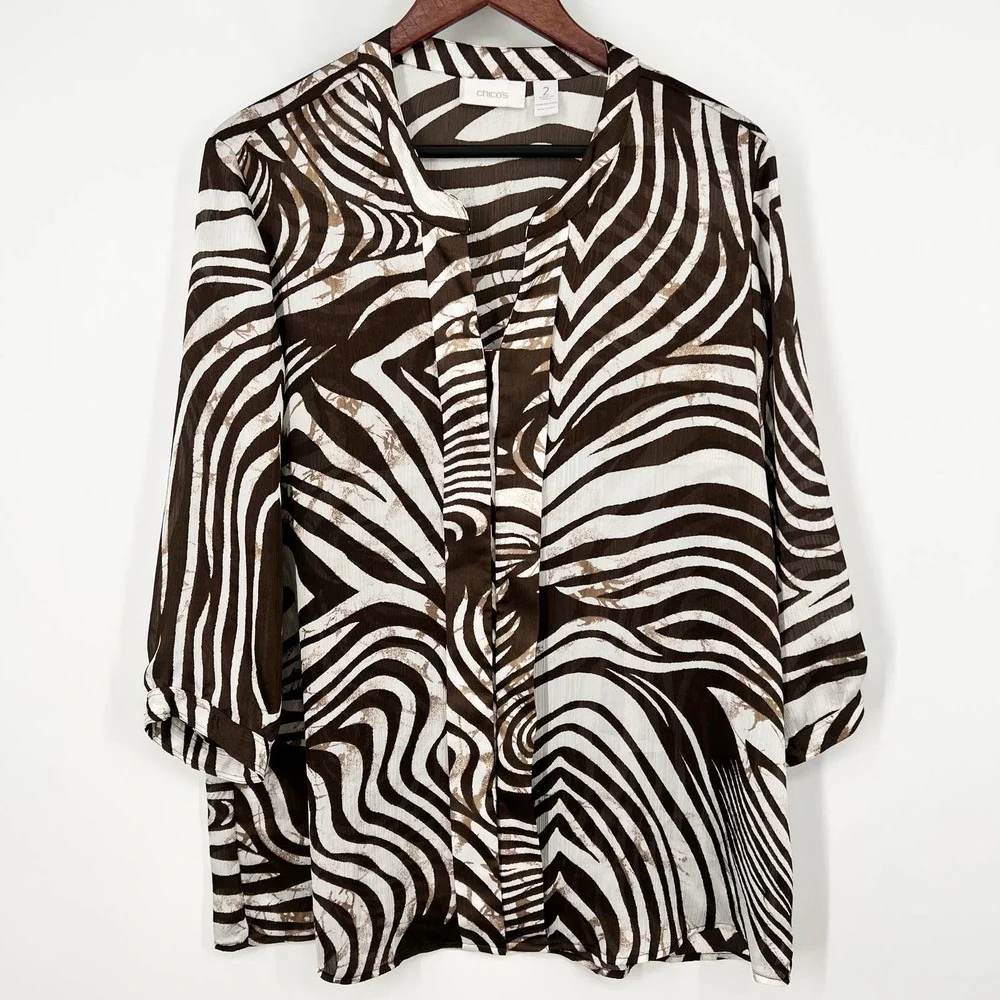 Chico’s Sheer Zebra Women’s Size 2 or Medium Hidden Button Blouse Shirt Top - Picture 1 of 4